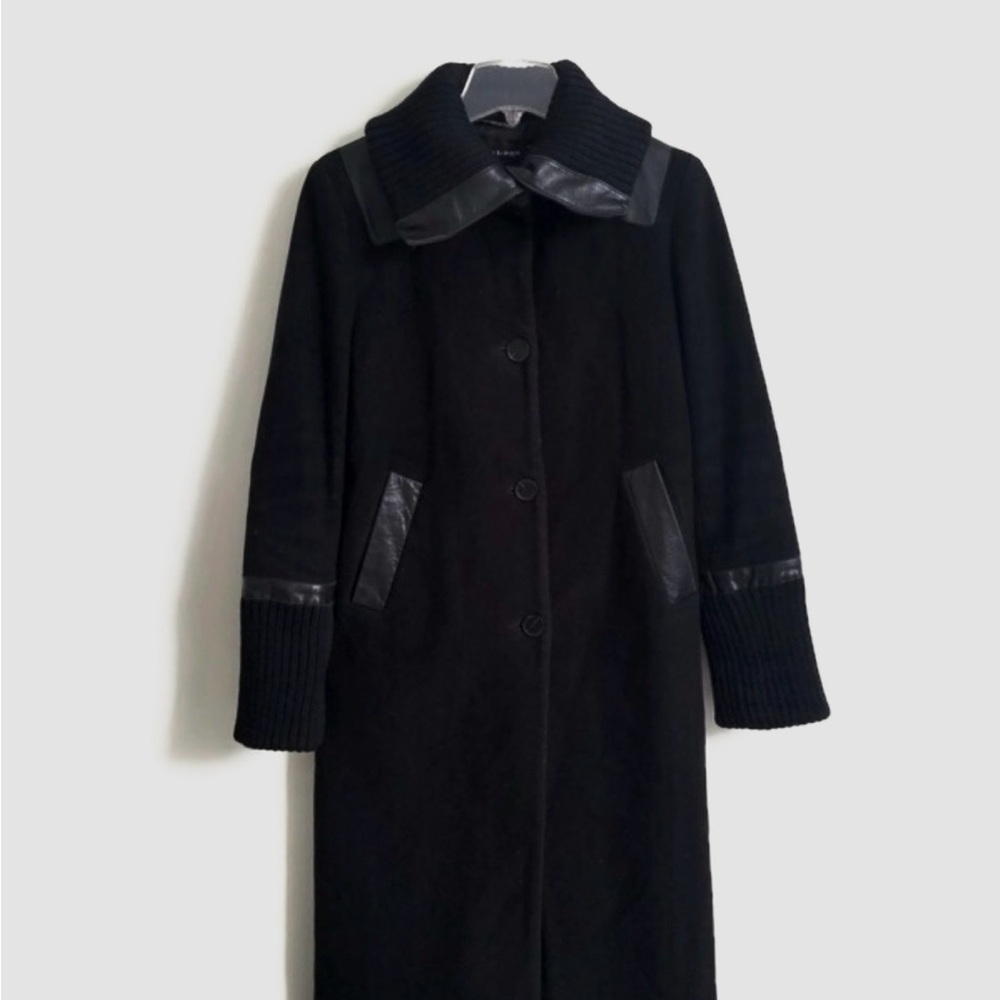Mackage Black Trench Wool Coat with Leather and Cashmere Accents